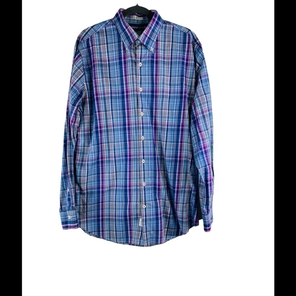 Peter Millar Men Purple Blue Plaid Long Sleeve Button Down Shirt Size L